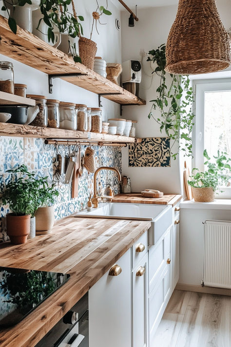 Small boho kitchen with stylish decor, plants, and a cozy table setting, enhancing the space with Bohemian warmth. Bohemian Small Kitchen, White Bohemian Kitchen, Kitchen With Kitchen Table, Small Bohemian Kitchen, Diy Kitchen Farmhouse Decor, Earthy Small Kitchen, Boho Chic Kitchen Ideas, Boho Dining Nook, Beach Boho Kitchen