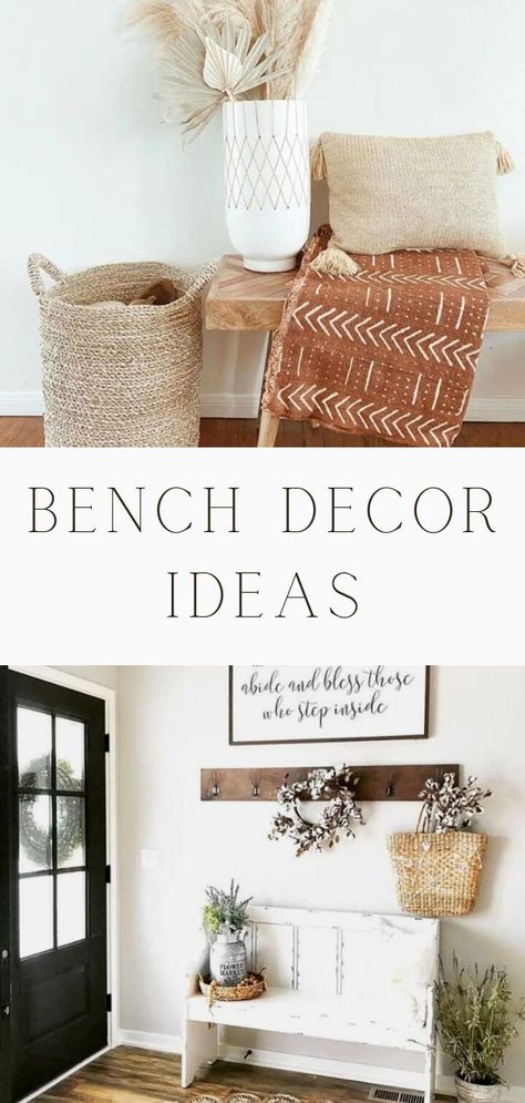 Benches are a great space to decorate for your entryway, living room, bedroom, porch, patio, outdoor, and even more! Decorate them for any season or holidays like Christmas, Halloween, Easter, and Thanksgiving. Add throw pillows and blankets to make the space feel more warm and cozy. Keep it simple and put nothing on your bench. One great thing you can also do with a bench is create storage, like a little mudroom. Read our bench decorating ideas for more tips and tricks! How To Decorate Bench In Living Room, Simple Small Entryway Ideas, Styling An Entryway Bench, How To Style An Entry Bench, Decorate Bench Entryway, Fall Entry Bench Decor, Decorating A Bench In Living Room, Fireplace Bench Decor, How To Style A Bench In Living Room