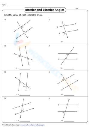 Explore geometry with our 'Interior and Exterior Angles' Worksheet: Dive into the world of angles as you learn about the relationships between interior and exterior angles. This is the ultimate in training students to identify alternate and same-side angles, form one-step equations using their properties, and solve them. #Grade-7 #Grade-8 Angle Properties, Angle Relationships, Exterior Angles, Angles Worksheet, One Step Equations, Math Methods, Grade 7, Grade 8, Equations