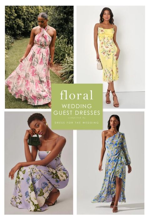 Collage of models wearing floral dresses Floral Wedding Guest Dresses, Floral Gowns, Floral Wedding Guest, Floral Dress Wedding Guest, Dress For The Wedding, Summer Wedding Attire, Dresses For Weddings, Pretty Floral Dress, Dress Code Wedding