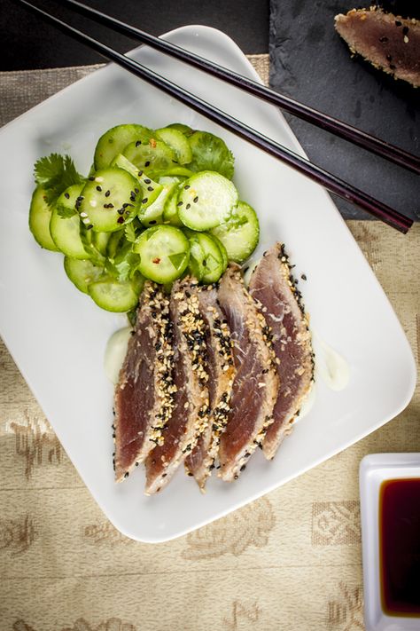 Asian Cucumber Salad - Home Sweet Jones Tuna Side Dish, Simple Baked Salmon, Asian Cucumber Salad, Seared Ahi, Seared Tuna, Ahi Tuna, Fresh Salad, Asian Inspired Recipes, Cucumber Salad