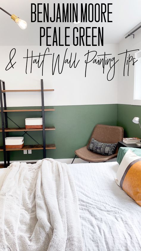 Green Half Wall Paint, Benjamin Moore Green Bedroom, Half Green Wall, Teen Boy Bedroom Green, Half Painted Wall Bedroom, Boys Room Wall Paint, Boys Bedroom Accent Wall, Kids Green Bedroom, Teen Boy Bedroom Paint