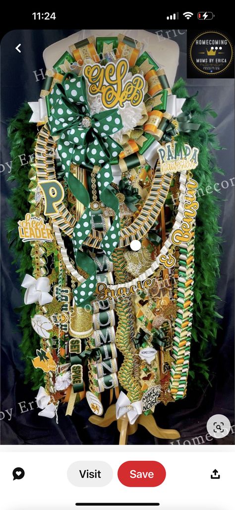 Green And Gold Homecoming Mums, Green And Gold Homecoming, Forest Quinceanera, Enchanted Forest Quinceanera, Hoco Mums, Mums And Garters, Texas Mums, Homecoming Mums Senior, Mum Ideas