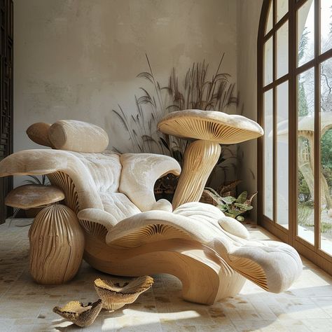 Introducing the Mycelium Chair: a fusion of nature and design. With its organic shape and sustainable materials, it brings the beauty of fungi into your space. Conceptual AI Art Follow @ecosapiens for more! Organic Chair Design, Organic Form Furniture, Organic Forms Design, Goblin Culture, Rage Room, Bed Inspired, Organic Chair, Whimsical Bedroom, Plant Room