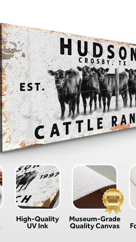 Add a touch of rustic charm to your ranch or farm-inspired decor with this personalized cow canvas sign. Perfect for a cozy bedroom or living room, it's a thoughtful gift for any cowboy or cowgirl Ranch Style Decor, Ranch Names, Cow Wall Decor, Gift For Farmer, Modern Farmhouse Wall Decor, Ranch Sign, Cattle Ranch, Cow Wall Art, Wall Art Personalized