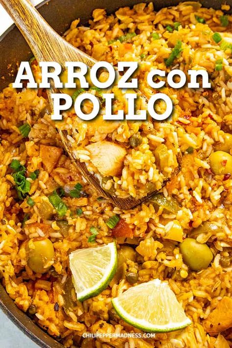 Puerto Rican Recipes Rice, Con Pollo Chicken, Yellow Rice Recipe, Puerto Rican Chicken, Spanish Dinner, Yellow Rice Recipes, Pollo Recipe, Puerto Rican Dishes, Pollo Guisado