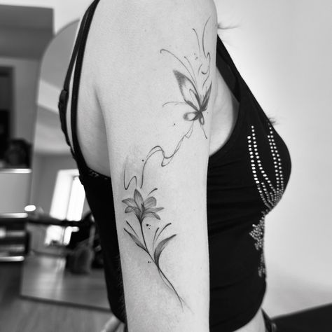 ink brush style (?) Lily & healed butterfly 🦋 ☽ done @moonatelier.tattoo ☽ #vienna #leaves #wien #viennatattoo #femininetattoo #tattooideas #flowertattoo #leaves #asiantattoo #inktattoo Vienna Tattoo, Asian Tattoos, Ink Brush, Feminine Tattoos, Ink Tattoo, Vienna, Flower Tattoo, Lily, Tattoos