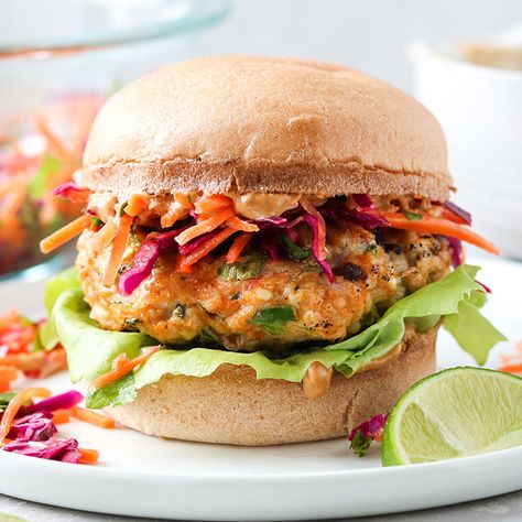 Thai Turkey Burgers with Crunchy Slaw and Peanut Sauce - Shady Brook Farms Thai Burger Recipe, Thai Turkey Burgers, Slow Cook Turkey, Thai Burger, Tangy Slaw, Rotisserie Turkey, Turkey Sauce, Grilled Vegetable Skewers, Marinated Turkey