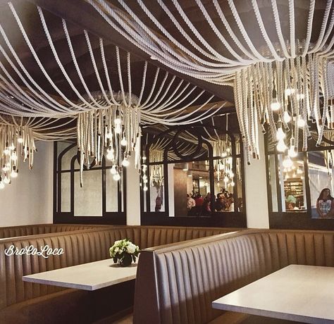 Rope ceiling Rope Ceiling Design, Rope Ceiling, Fried Oyster, Fabric Ceiling, Ceiling Installation, Artist House, Commercial Interiors, Ceiling Design, Restaurant Design