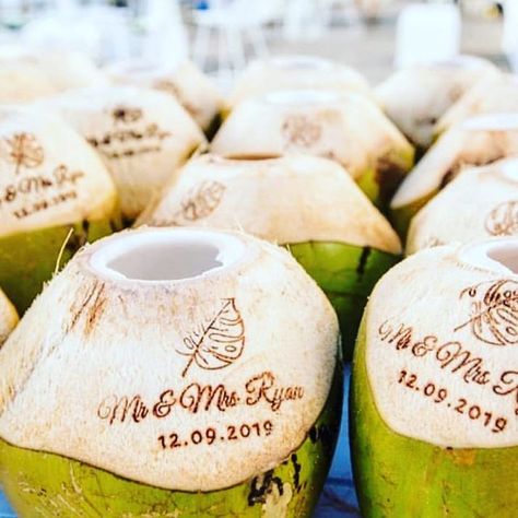 Two months already!? Remembering this wedding and the gorgeous couple! They LOVED the custom coconut for their guests and their logo was on point: tropical, elegant, classy. 💚🥥 We provide custom coconut cocktails for weddings & events, and 2020 looks like another busy year.. Looking for coconuts for your event? Send us a DM for more info 💚 . . . #beachharvest #customcoconut #portdouglasweddings #weddingportdouglas #weddinginspo #tropicalvibes #tropicalwedding #destinationwedding #thisisqueens Custom Coconut, Coconut Cocktails, Natural Packaging, Wedding Drink Station, Diy Coconut, Bride Entry, Pina Coladas, Palm Cove, Welcome Design