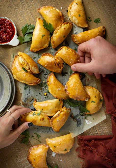 Flaky, crisp empanadas filled with sweet butternut squash, buttery corn, earthy goat cheese, and spicy jalapeno. Sweet Potato Crostini, Butternut Squash Goat Cheese, Squash Goat Cheese, Buttery Corn, Cheese Empanadas, Yam Or Sweet Potato, Appetizers Table, Crispy Sweet Potato, Appetizers For A Crowd