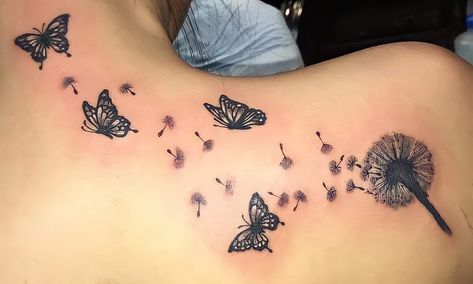 Dandelion With Butterfly Tattoo, Dandelion Butterfly Tattoo, Baby Owl Tattoos, Mum And Dad Tattoos, Dandelion Tattoo Design, Dragon Tattoo Ideas, Tattoos Butterfly, Around Arm Tattoo, Heaven Tattoos