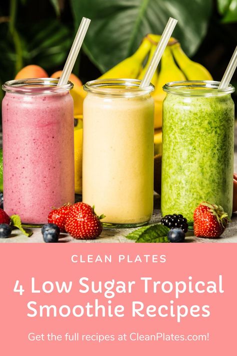 Transport yourself to a tropical oasis with one of these low sugar smoothies Low Sodium Smoothie Recipes, Low Sugar Fruit Smoothies, Low Glycemic Smoothie Recipes, Low Glycemic Smoothies, Healthy Tropical Smoothie Recipes, Low Sugar Juicing Recipes, Low Sugar Smoothie Recipes, Smoothie Recipes For Diabetics, Fruit Shake