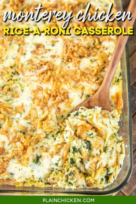 Monterey Chicken Rice-A-Roni Casserole - Plain Chicken Rice A Roni And Chicken Casserole, Good Green Bean Recipe, Chicken Flavored Rice, Delicious Green Beans, Monterey Chicken, Rice A Roni, Easy Chicken And Rice, French Fried Onions, Plain Chicken