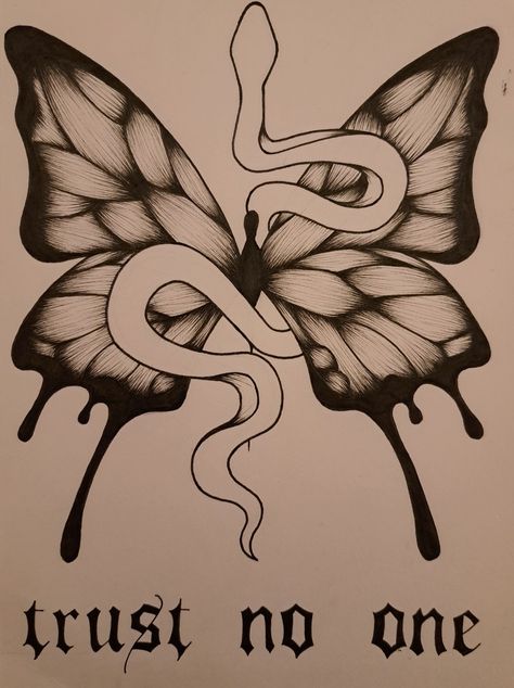 Butterfly And Snake Drawing, Butterfly Snake Tattoo Design, Butterfly With Snake Tattoo, Butterfly And Snake Tattoo Design, Snake And Butterfly Tattoos For Women, Butterfly Snake Drawing, Snake Butterfly Drawing, Half Snake Half Butterfly, Trippy Butterfly Drawing