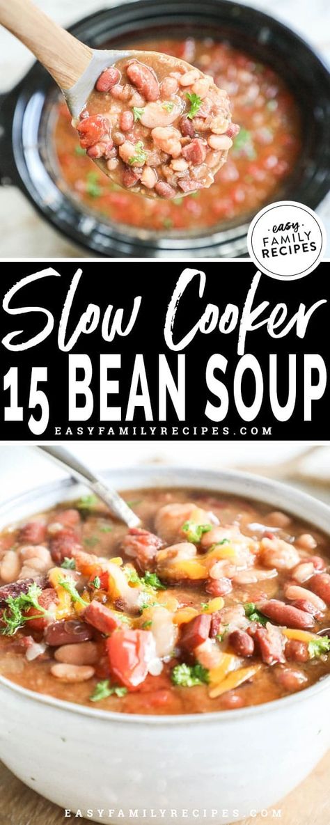 This 15 bean soup is hearty and DELICIOUS!! Made with Hurst Hambeen's 15 Bean Soup, this recipe is quick to prep and the slow cooker will do the hard work cooking away! This meal will feed a crowd, or a houseful of hungry kids. Flavored with 15 types of beans, ham, and rich broth, this meal is the perfect cozy dinner for a cold night in! 10 Bean Soup Recipe, Crockpot 15 Bean Soup, Dinner For A Cold, 15 Bean Soup Recipe, Slow Cooker Bean Soup, Slow Cooker Recipes Family, Bean Soup Crockpot, Soup In The Crockpot, Beans In Crockpot