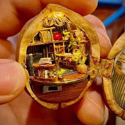 🏠Walnut Shell Doll House-Tiny World Inside Walnuts | ✨Create your own miniature world! 🌳 Handmade walnut houses & cabins.✨ | By Giftopias | Facebook Walnut Shell Crafts, Cute Little Houses, Mini Library, Walnut Shell, Tiny World, Dollhouse Kits, Miniature Houses, Shell Crafts, Natural Fragrances