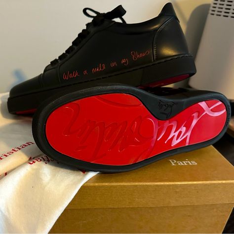 Nwt And Dust Bags Christian Louboutin Viera Black Leather Sneakers Size 36 - New With Original Box And Dust Bags (One For Each Shoe), And An Extra Pair Of Black Shoelaces (In A Shoelace Dust Bag) Louboutin Outfit Men, Loubuitton Shoes, Louboutin Sneakers Women, Christian Louboutin Aesthetic, Louboutin Shoes Outfit, Louboutin Trainers, Louboutin Aesthetic, Red Bottom Sneakers, Red Bottoms Sneakers