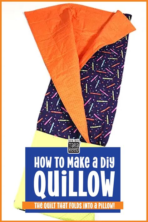 Beginner's sewing project: How to sew a quillow, or a quilt that folds into a pillow. Step-by-step and video tutorial featuring Crayola® Colors of Kindness fabric from Riley Blake Designs. Includes how to fold a quillow, how to turn any quilt into a quillow and how to make a quillow from 4 yards of fabric. Quillow Pattern, Quilt Block Pattern, How To Fold, Diy Sewing Pattern, Sewing Projects For Beginners, Quilting Crafts, How To Turn, Riley Blake Designs, Riley Blake