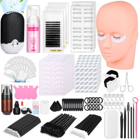 PRICES MAY VARY. A Good Kit Include Everything - This lash extension kit with 484 pcs Eyelash Extension supplies provides everything you need to start practicing eyelash extension skills. It comes with model head, lash fan, false eyelashes, lash holder, tweezers, eyelash gel patch, glue remover, lash tape, silicone pad, scissors, under eye gel patches, lash positioning stickers, lash shampoo, Y shaped eyelash brush, powder puff, glue stickers and glue rings. Enough Lash Extension Supplies Kit - Lash Kit Eyelash Extensions, Lash Extensions Products, Eyelash Gel, Lash Extensions Kit, Lash Fan, Fake Makeup, Lash Extension Supplies, Lash Studio, Lash Extension Kit