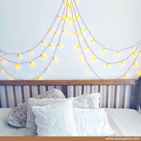 Need an update to your bedroom? Simply stick fairy lights or Diwali lights on the wall with a mask tape in a shape you want. Diwali Bedroom Decor, Lights On The Wall, Light Lamp For Diwali, Orange Fairy Lights Bedroom, Stick Fairy, Yellow Fairy Lights, Mumbai Diwali Lights, Diwali Lights, A Mask