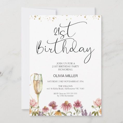 Wildflowers Champagne Glass 21st Birthday Invitation Invation Ideas Birthdays, 21st Invitations, Bali Travel Photography, 21st Birthday Party, 21st Party, 21st Birthday Invitations, Bday Invitations, Dirty 30, Birthday Party 21