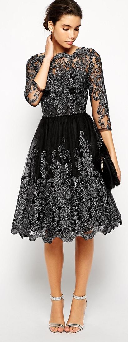 Beautiful black fit & flare  Don't bother to follow the link... Metallic Lace Dress, Midi Prom Dress, London Dresses, Beauty Dress, Cocktail Evening Dresses, Chi Chi, Fancy Dresses, Dream Dress, Pretty Dresses