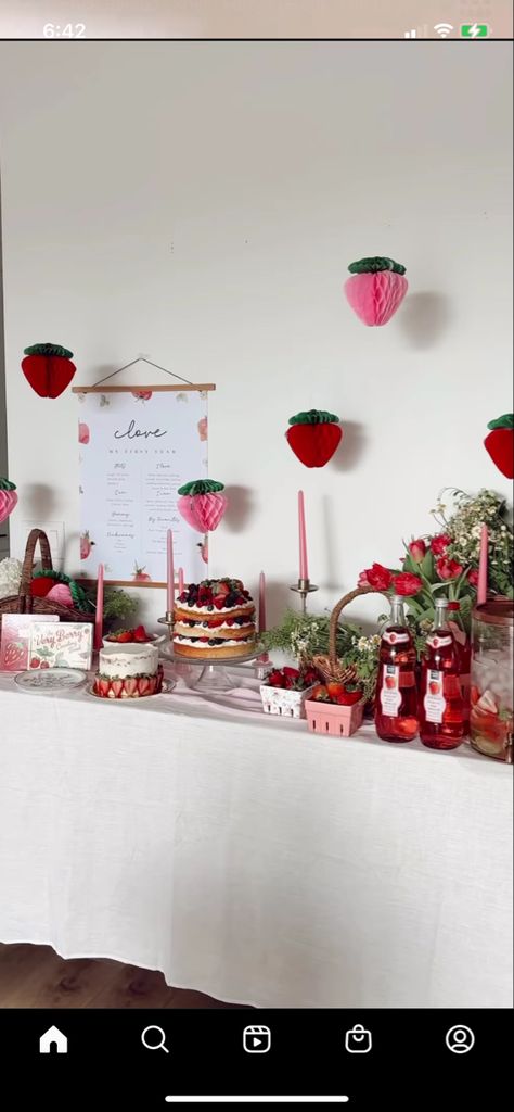 Strawberry Themed 1st Birthday Table Decor, Berry Themed Party Decorations, Strawberry Party Dessert Table, Raspberry Themed Party, Vintage Strawberry Birthday Party, Strawberry Theme Decorations, Berry First Birthday Food Table, Strawberry Table Setting, Strawberry Kids Party