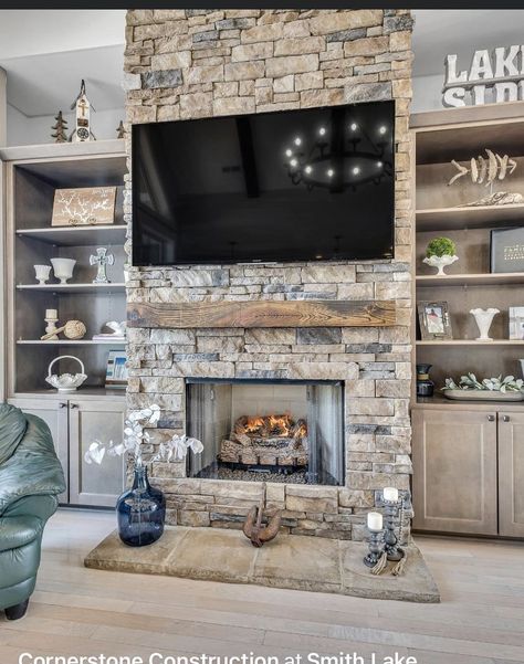 Stone Fireplace And Tv Wall Ideas, Stone Fireplace To Ceiling With Tv, Hidden Room Behind Fireplace, Living Room Fireplace Designs, Rock Fireplace Built Ins, Rock Wall With Tv And Fireplace, Linear Fireplace With Mantle Farmhouse, Brown Couch With Rug Ideas, Stack Stone Fireplace With Built Ins