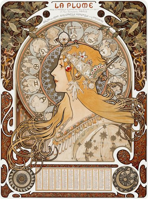 Zodiaque or La Plume by Alphonse Mucha in an art nouveau style from retro 20s 30s 40s. A beautiful piece of ornamental art that shows a profile of a fair woman in a crown surrounded by zodiac signs. Alfons Maria Mucha, Define Art, Illustration Art Nouveau, Alphonse Mucha Art, Mucha Art, Modern Postcard, Alfons Mucha, Art Nouveau Poster, Postcard Art