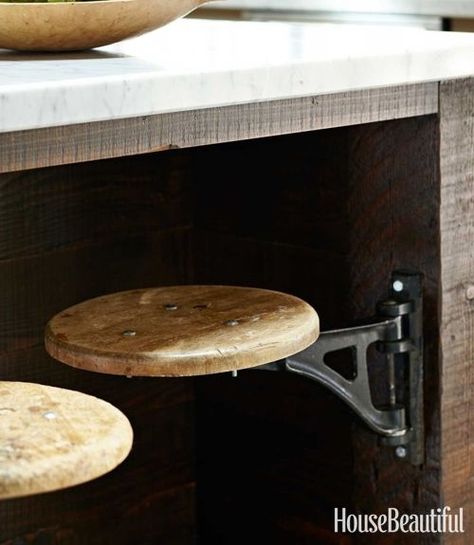 Stools on hinges inside of a kitchen island or bar are a total space-saver | 33 Insanely Clever Upgrades To Make To Your Home Clever Kitchen Storage, Industrial Kitchen Design, Industrial Kitchen, Space Savers, Design Case, Simple House, A Kitchen, New Kitchen, Vintage Kitchen