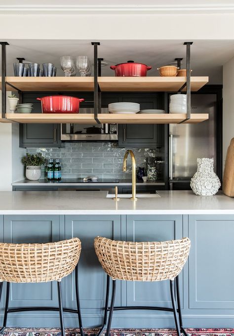 Contemporary Black Kitchen, Hanging Kitchen Shelves, Hanging Shelf Kitchen, Contrasting Kitchen Island, Concrete Kitchen Island, Suspended Shelves, Gray Tile Backsplash, Ceiling Shelves, Traditional Shelves