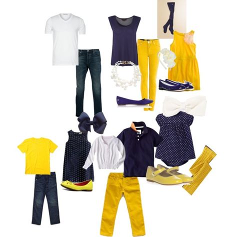 A fashion look from June 2013 featuring scoop-neck tees, slim leg jeans and ballerina pumps. Browse and shop related looks. Family Pictures Navy Blue, Mustard Outfits, Family Pictures What To Wear, White Photoshoot, Summer Family Photos, Color Coordination, Outfit Photo, Family Photoshoot Outfits, Family Picture Poses