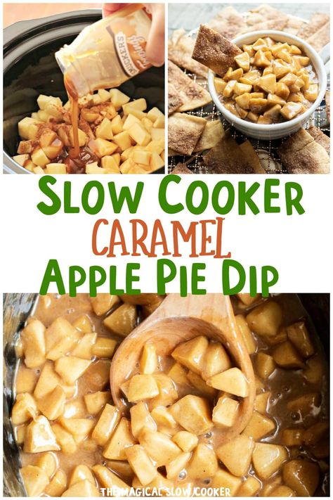 Slow Cooker Caramel Apple Pie Dip has diced apples in a caramel sauce. Pair with pie crust strips or graham crackers. - The Magical Slow Cooker Slow Cooker Caramel, Apple Pie Dip, Magical Slow Cooker, Apple Pie Filling Recipes, Pie Dip, Crock Pot Dips, Caramel Apple Dip, The Magical Slow Cooker, Crock Pot Desserts