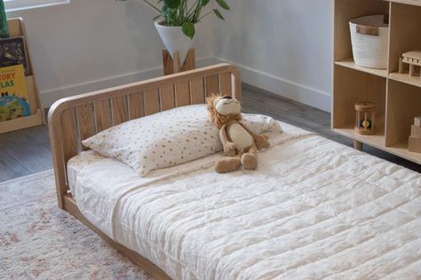 Interior Design Inspo Low Floor Bed, Floor Bed Toddler, Wooden Toddler Bed, Bed Handles, Room Sharing, Low Profile Bed Frame, Co Sleeping, Toddler Bedroom, Twin Mattress Size