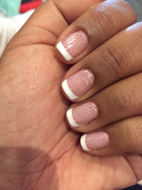 Shellac French Manicure With Glitter, Engagement Nails Acrylic Short, French Tip Shellac Nails With Design, Shimmery French Manicure, Glittery French Manicure, Shimmer French Manicure, French Manicure With Shimmer, Gel French Manicure With Glitter, French Nails With Glitter Top Coat