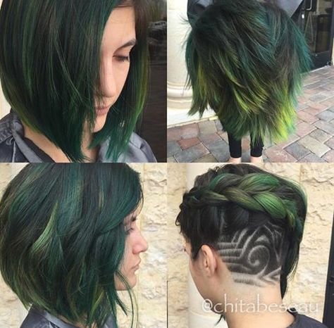 Green, teal and neon yellow on what used to be a brown ombre. Stylists: Chita Beseau-dye & braid Lawrence Reha-under cut @ Square Salon in Las Vegas, NV imaginaryperplexity Green Hair Short, Lime Green Hair, Short Green Hair, Green Bob, Under Cut, Dark Green Hair, Hair Undercut, Short Hair Undercut, Hair Dark