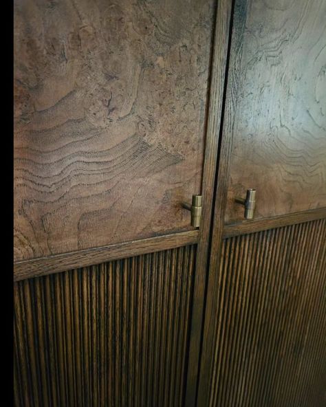 Boy's bedroom joinery shaping up well. Stained burr oak with reeded insets | Instagram Bedroom Joinery, Wood Cupboard, Burr Oak, Bedroom Dark, Bedroom Wardrobe, October 23, Boy's Bedroom, Wall Storage, Joinery