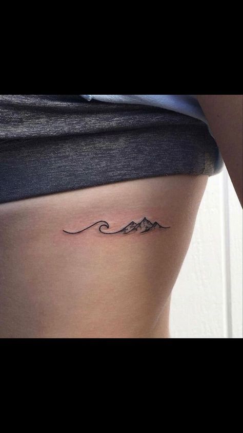 Wave To Mountain Tattoo, Mountain Water Tattoo Simple, Small Mountain And Water Tattoo, Small Wave And Mountain Tattoo, Wave Mountain Tattoo, Mountain And Ocean Tattoo Simple, Mountain Water Tattoo, Mountain Ocean Sun Tattoo, Beach Mountain Tattoo