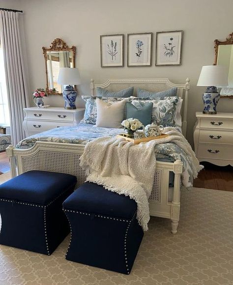 Just Decorate! | Beautiful bedroom/suite 🤍 | Facebook White Blue And Brown Bedroom, Light Blue And Navy Blue Bedroom, Blue White Tan Bedroom, Blue And White Guest Room Ideas, Navy Blue And White Room Aesthetic, White Bedding Blue Accents, Light Blue And Tan Bedroom, Blue And White Themed Room, Victorian Blue Bedroom