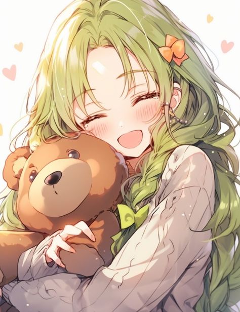 Hugging Teddy Bear Pose Reference, Teddy Drawing, Hug Humor, Hug Pose, Tiny Teddy Bear, Green Teddy Bear, Green Hair Girl, Teddy Bear Drawing, Anime Hug