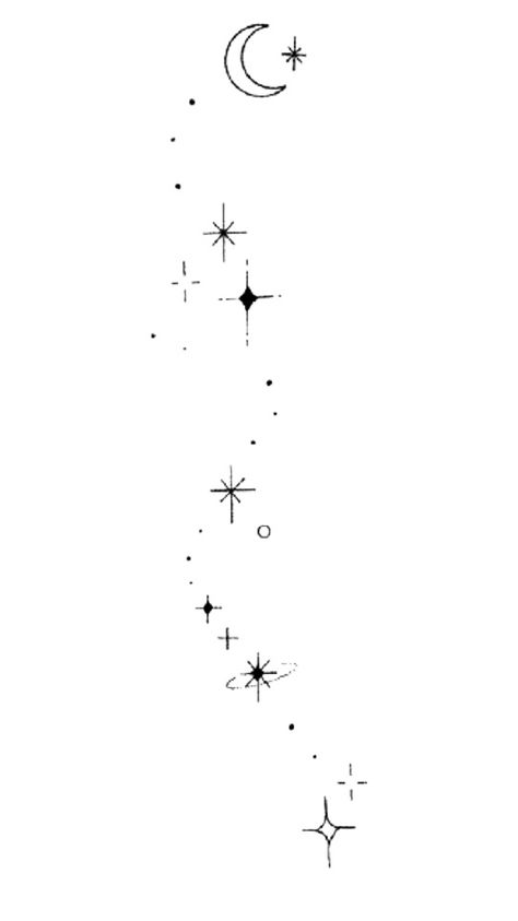 Star And Dots Tattoo, Moon And Stars Ankle Tattoo, Space Constellation Tattoo, Cascading Stars Tattoo, Celestial Tattoo Simple, Fine Line Solar System Tattoo, Filler Space Tattoo, Starry Night Tattoo Ideas, Star Arm Tattoos For Women