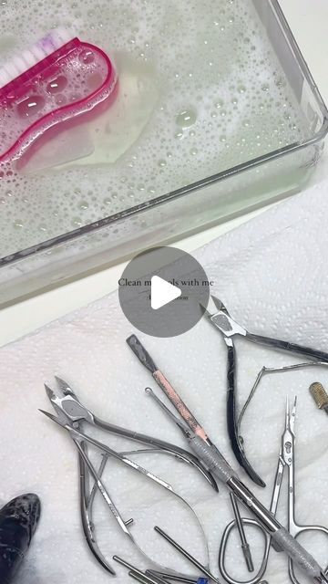 Oliwia Kozlowska | Nail artist ✨ on Instagram: "Clean my tools with me ASMR edition 

Step 1- Thoroughly scrub every single tool in disinfectant fairy liquid. Make sure all debris is removed and no dust is left on the tools 
Step 2- Let the tools dry 
Step 4- Place each tool in an ultrasonic cleanser for 30 minutes
Step 5- Let tools dry 
Step 6- Disinfectant spray and let it dry! 

All ready with squeaky clean tools 🫧🧽🧼

#cleaningasmr #nailasmr #cleaningtoolsasmr #cleaningnailtools #nailsalon" How To Clean Nail Tools, Cleaning Nail Tools, Manicure Tools How To Use, Disinfecting Nail Tools, Acrylic Nail Tools Products, Essential Clay Tools, Disinfectant Spray, Clean Nails, Nail Tools