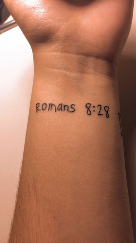 8:28 Tattoo, Romans 8 28 Tattoo Ideas, Romans 8 28 Tattoo, Roman Catholic Tattoos, Christian Tattoos Small, Scripture Tattoos, Catholic Tattoos, Biblical Tattoos, Bible Tattoos