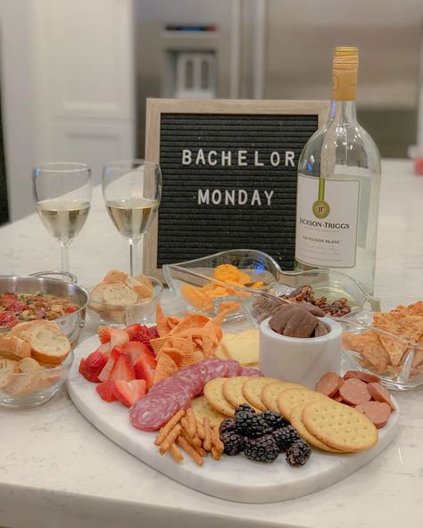 Hailey on Instagram: “Never complete without snacks 🌹” Bachelor Charcuterie Board, Bachelor Night Snacks, Snacks For Wine Night, Wine Night Food, Charcuterie Board Snacks, Wine Night Snacks, Girls Night Charcuterie Board, Girls Wine Night, Wine Girls Night