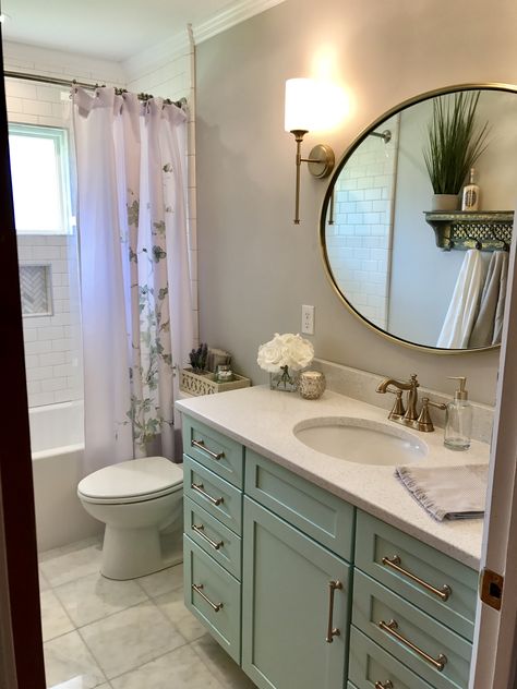 Bathroom remodel- sea foam green vanity and gold fixtures Vegan Drawing, Seafoam Bathroom, Seafoam Green Bathroom, Update Bathroom, Green Bathrooms, Butterfly Bathroom, Moody Bathroom, Green Bathroom Vanity, Bathroom Inspiration Colors