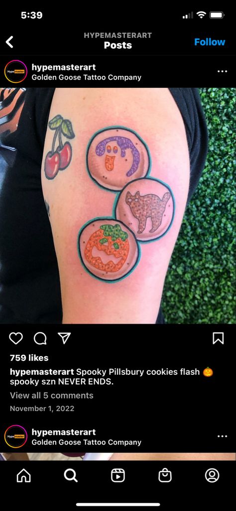 Animal Cookie Tattoo, Gingerbread House Tattoo, Cookie Tattoo Ideas, Halloween Cookie Tattoo, Cookies Tattoo, Cookie Tattoo, Goose Tattoo, Pillsbury Cookies, Neotraditional Tattoo