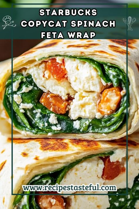 Enjoy a homemade version of the popular Starbucks Spinach Feta Wrap. Packed with fresh spinach, egg whites, sun-dried tomatoes, and creamy feta, this nutritious wrap is perfect for breakfast or a light lunch. Spinach Feta Wrap, Feta Wrap, Spinach Tortilla, Creamy Feta, Spinach Feta, Spinach Egg, Starbucks Copycat, Fresh Spinach, Sun Dried Tomatoes