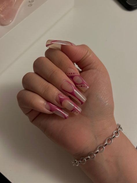 Pink abstract lines with dots #gelxapres #nails #nailart #nailideas #naildesign #y2k #aesthetic #nailartdesign #pinknails #nailsathome #jamesavery #nudenails #gelextensions #trandynails Pink Cute Nails, Nails Abstract, Lines On Nails, Gel Extensions, Nails At Home, Pink Abstract, Abstract Lines, Y2k Aesthetic, Nude Nails