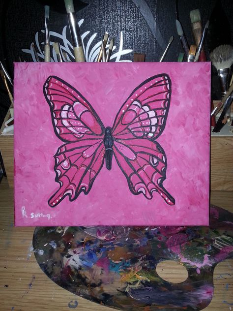 Butterfly pink acrylic on canvas Pink Butterfly Painting On Canvas, Pink Butterfly Painting, Butterfly Canvas, Simple Canvas Paintings, Eye Painting, Cute Canvas, Butterfly Drawing, Book Drawing, Butterfly Painting